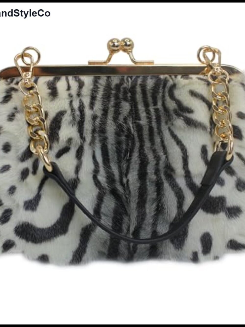 Genuine Mink Fur Kiss Lock Purse with Gold Chain Strap, Evening & Shoulder Bag